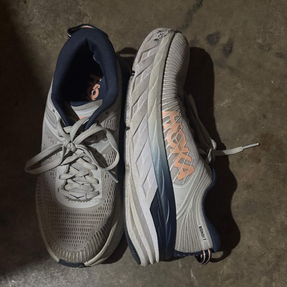 Hoka Men's Gray Running Shoes with Navy and Peach Accents